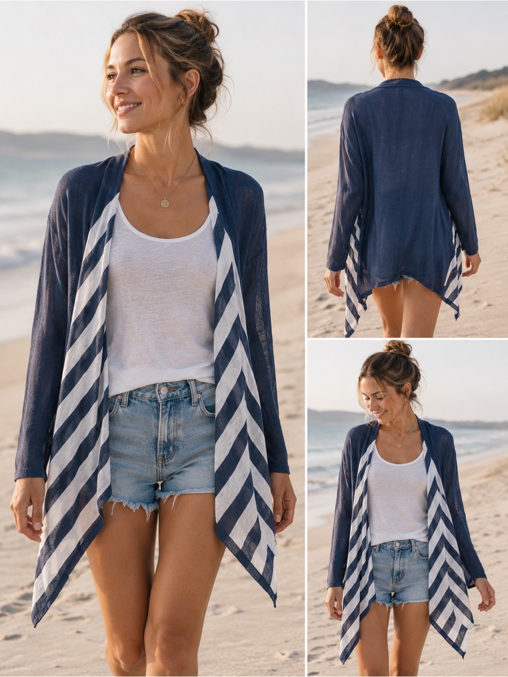 J JILL LINEN BLEND WHITE NAVY STRIPED NAUTICAL COASTAL CARDIGAN - M
